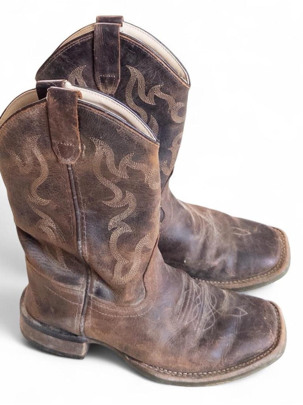 Old West Boys Leather Cowboy Boots Size 2.5D Brown Western Boots